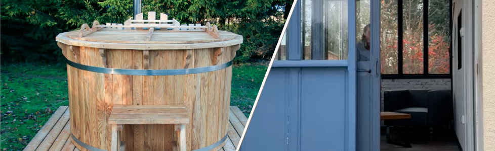 ratatouillee Hébergement insolite en Champagne-Ardenne avec un jacuzzi en bois sur une terrasse.