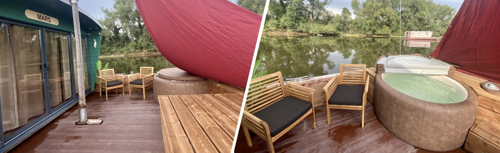 touespa3 Hébergement insolite en Auvergne : maison flottante avec jacuzzi et vue sur leau.