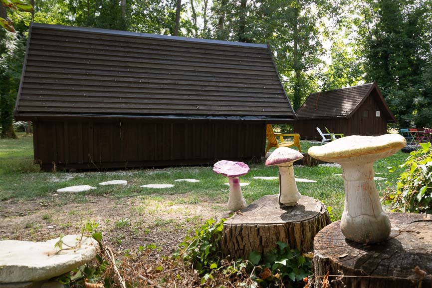 troll2 Cabane en bois à Champagne-Ardenne, avec des champignons décoratifs en avant-plan.