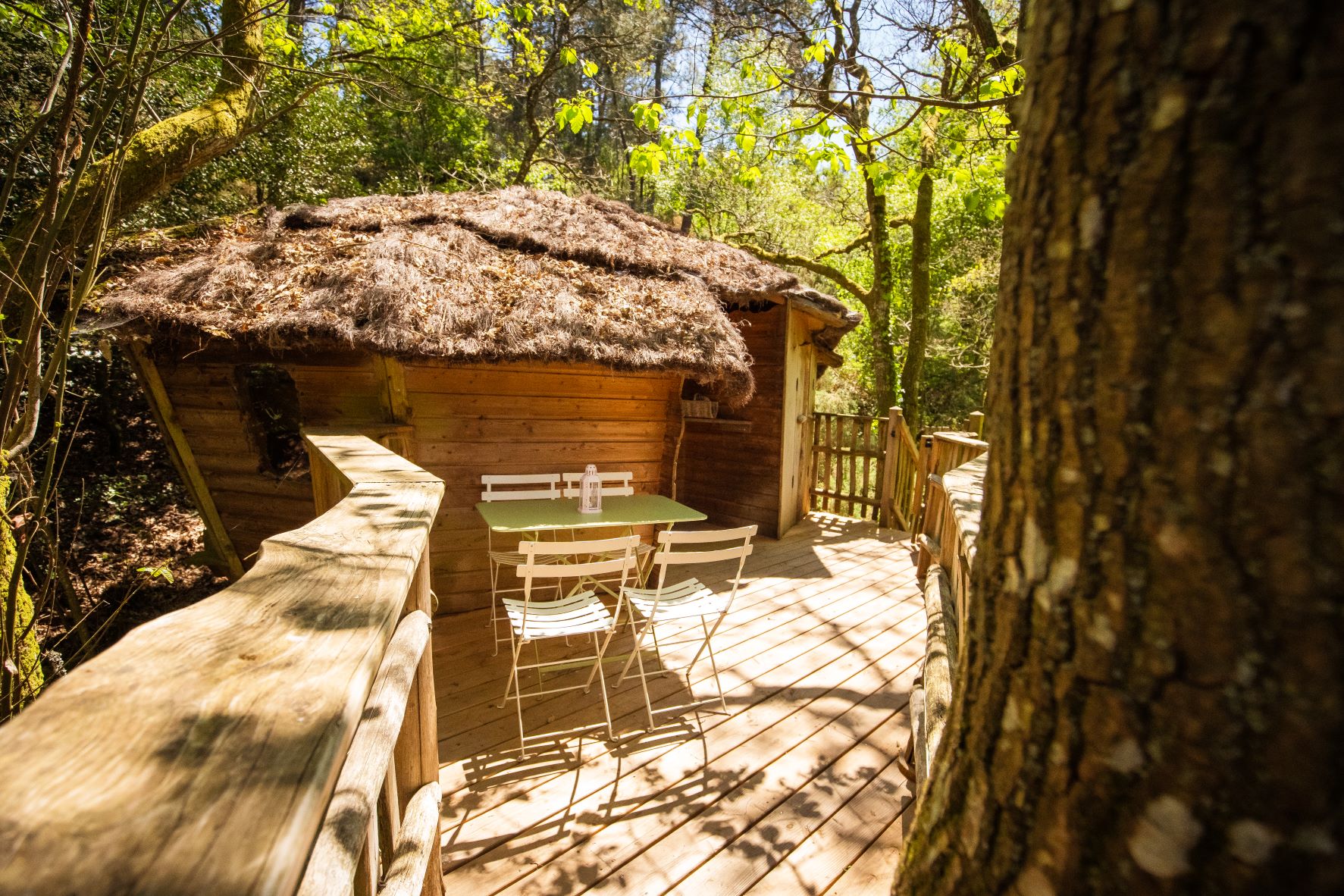 Le Pertuis du Rofo le foleux (1) Cabane perchée en Bretagne, avec terrasse en bois et mobilier blanc.