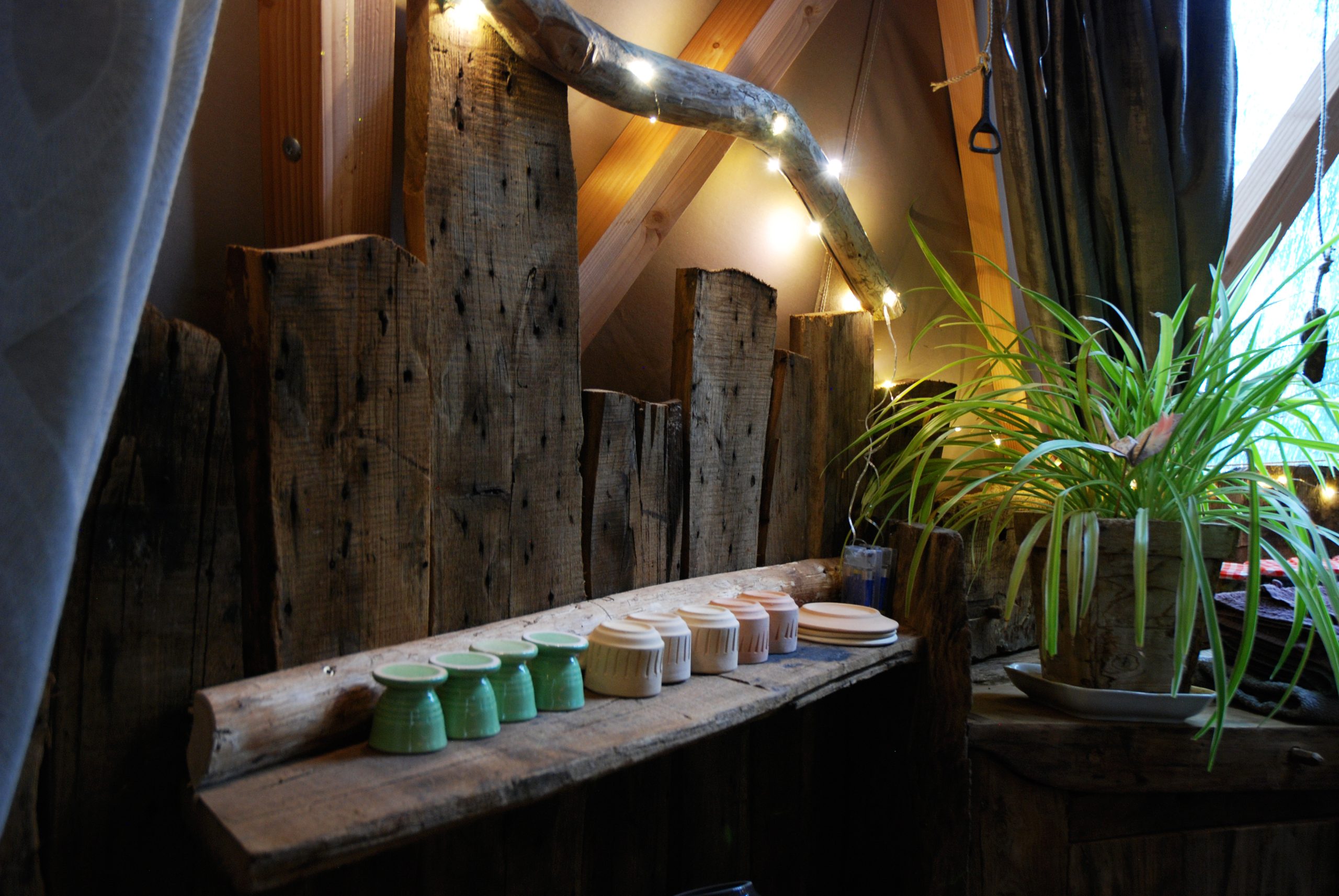 Hébergement insolite en Limousin, intérieur en bois avec pots colorés et plantes.