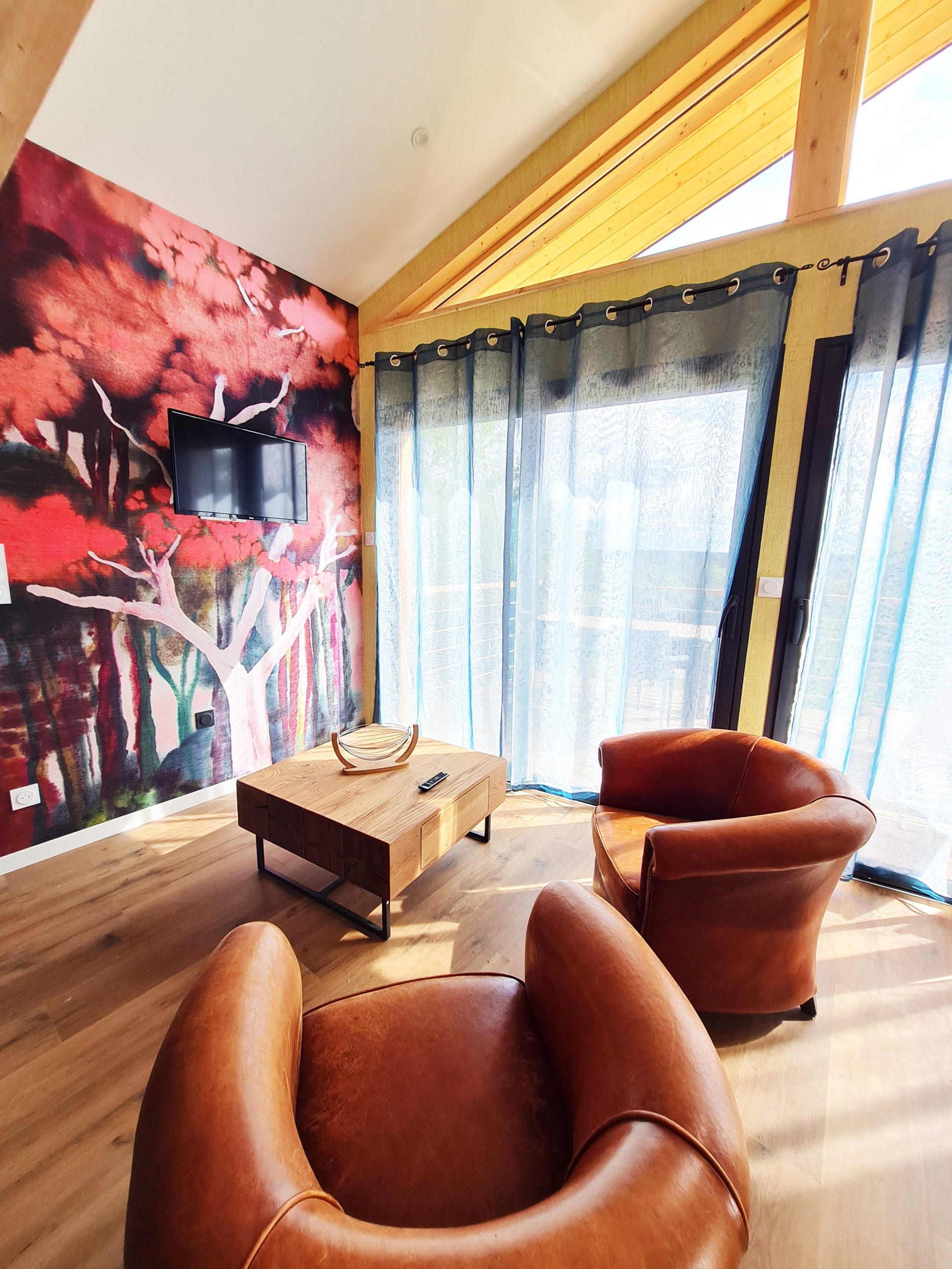 Cabane l'Enchantée - salon Hébergement insolite en Bourgogne-Franche-Comté, intérieur moderne avec murs colorés.