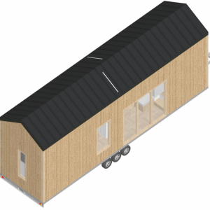Maison mobile en bois avec un toit noir et de grandes fenêtres lumineuses.