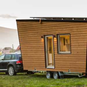 Tiny house en bois sur remorque, entourée de verdure et de montagnes en arrière-plan.