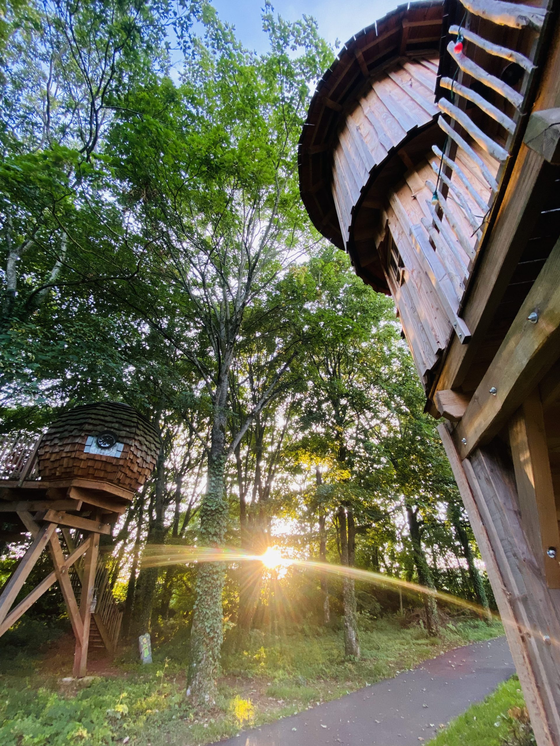FullSizeRender-2 Cabane perchée en bois en Bretagne, entourée darbres, avec un coucher de soleil.