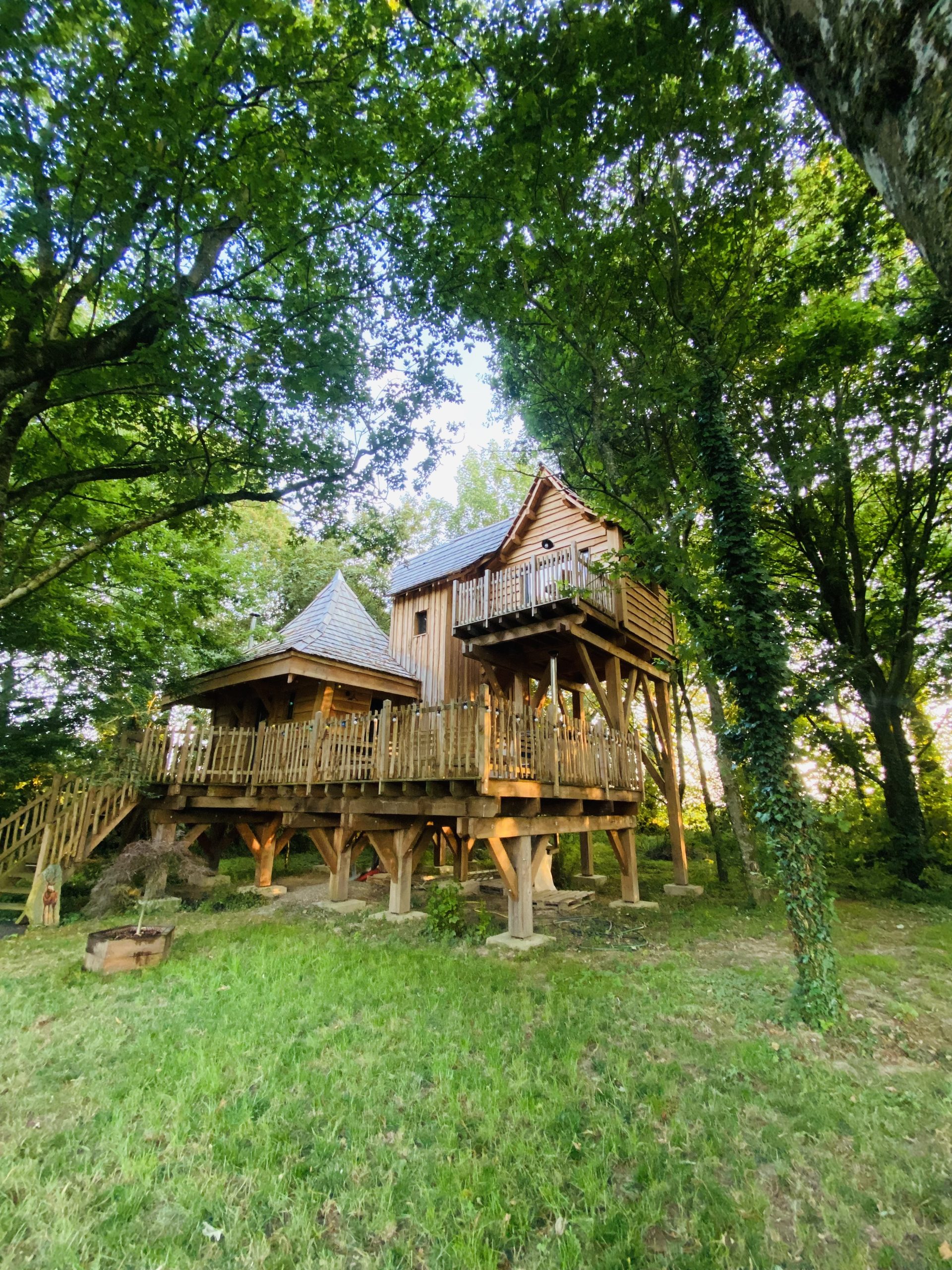 FullSizeRender-4 Cabane perchée en bois, entourée darbres verdoyants en Bretagne.