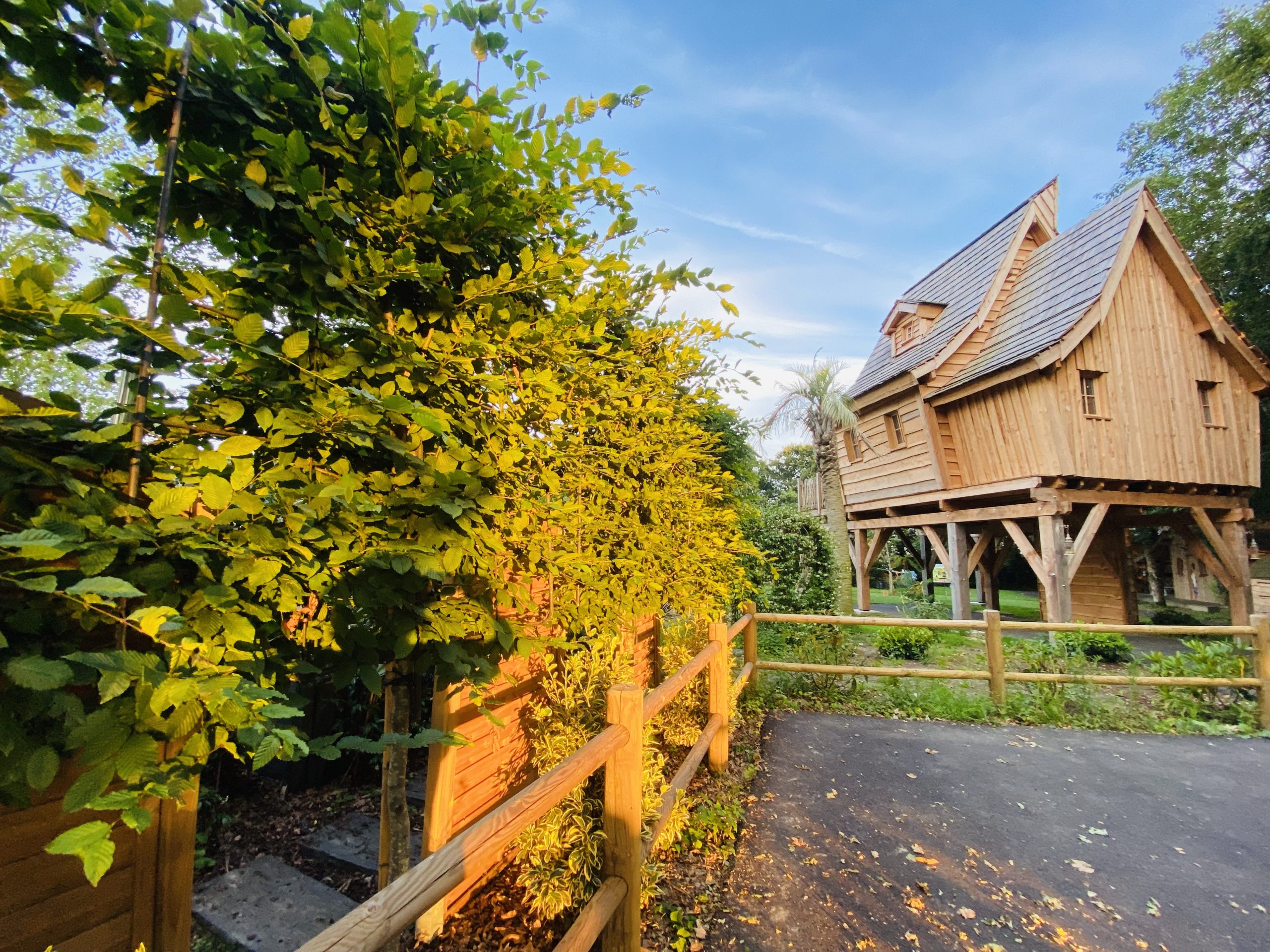 FullSizeRender-9 Cabane perchée en bois en Bretagne, entourée de verdure luxuriante et dune clôture en bois.
