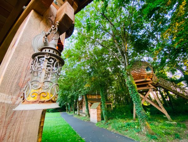 Cabane dans les arbres avec lanternes anciennes et verdure environnante.