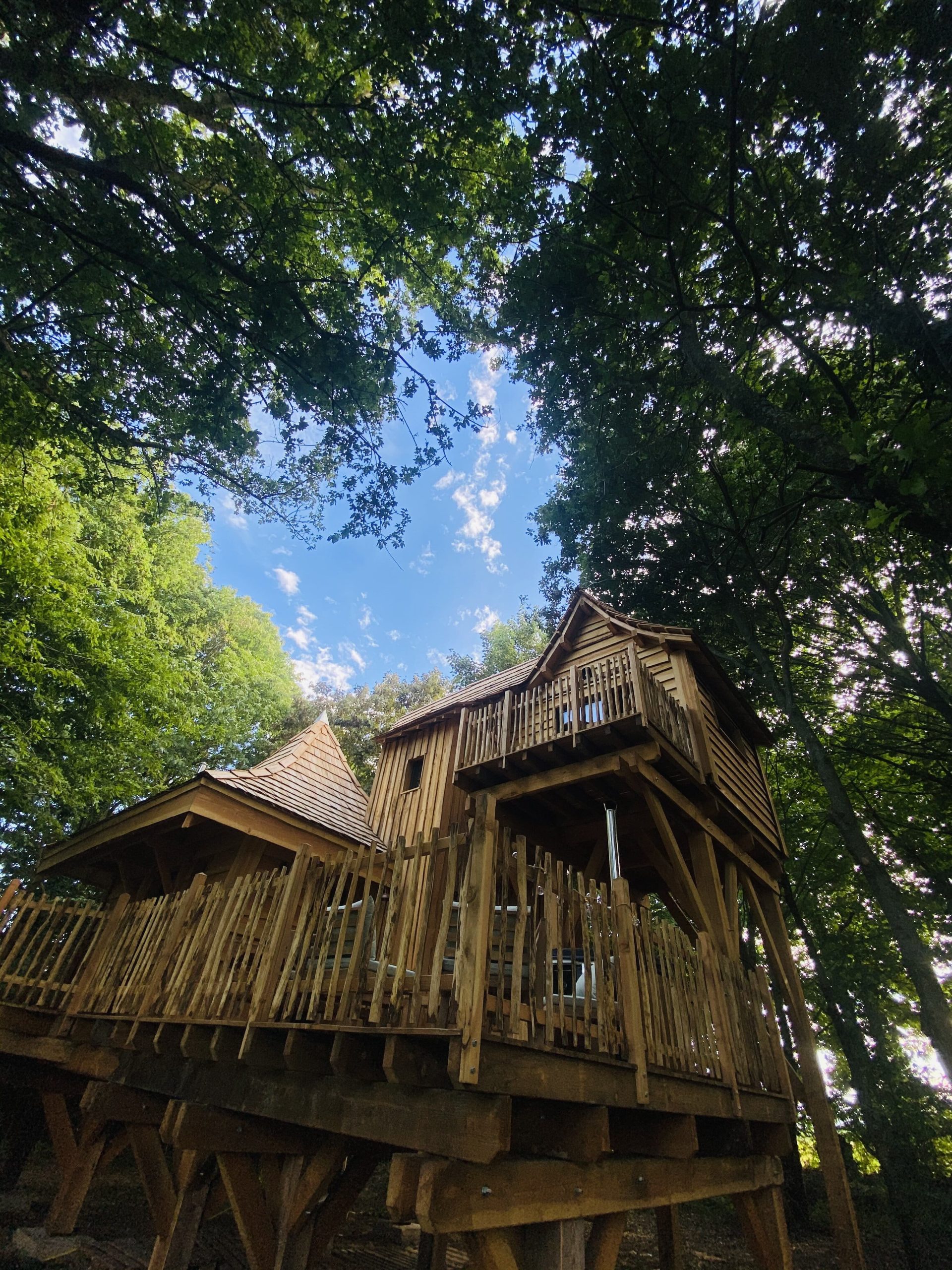 IMG_7857 Cabane perchée en bois, entourée darbres, avec un ciel bleu en arrière-plan.
