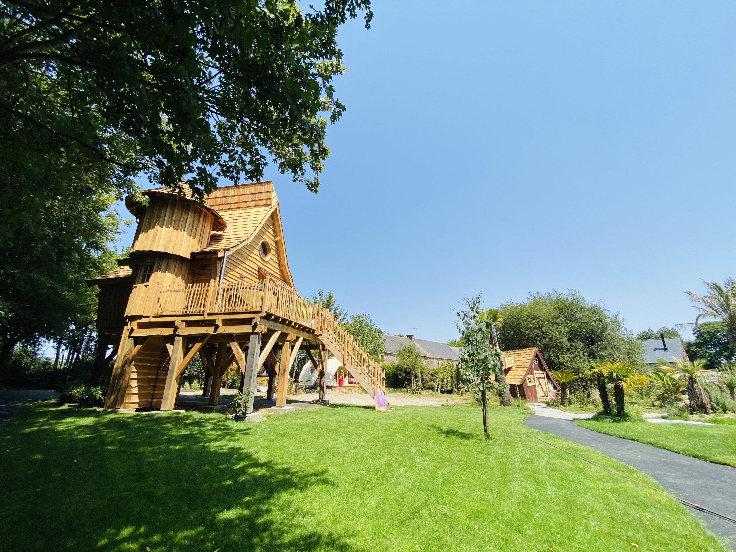 IMG_7971 Cabane en bois perchée, entourée de verdure et dun ciel bleu éclatant.
