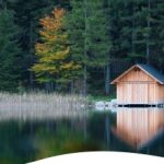 Cabane en bois au bord dun lac, entourée de verdure et de reflets paisibles.