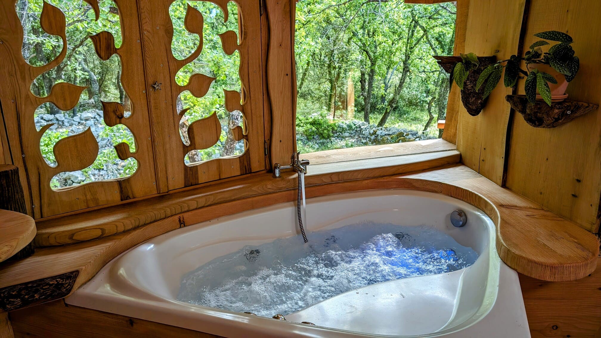 1000007685 Baignoire relaxante dans une cabane en bois, entourée de verdure à Languedoc-Roussillon.