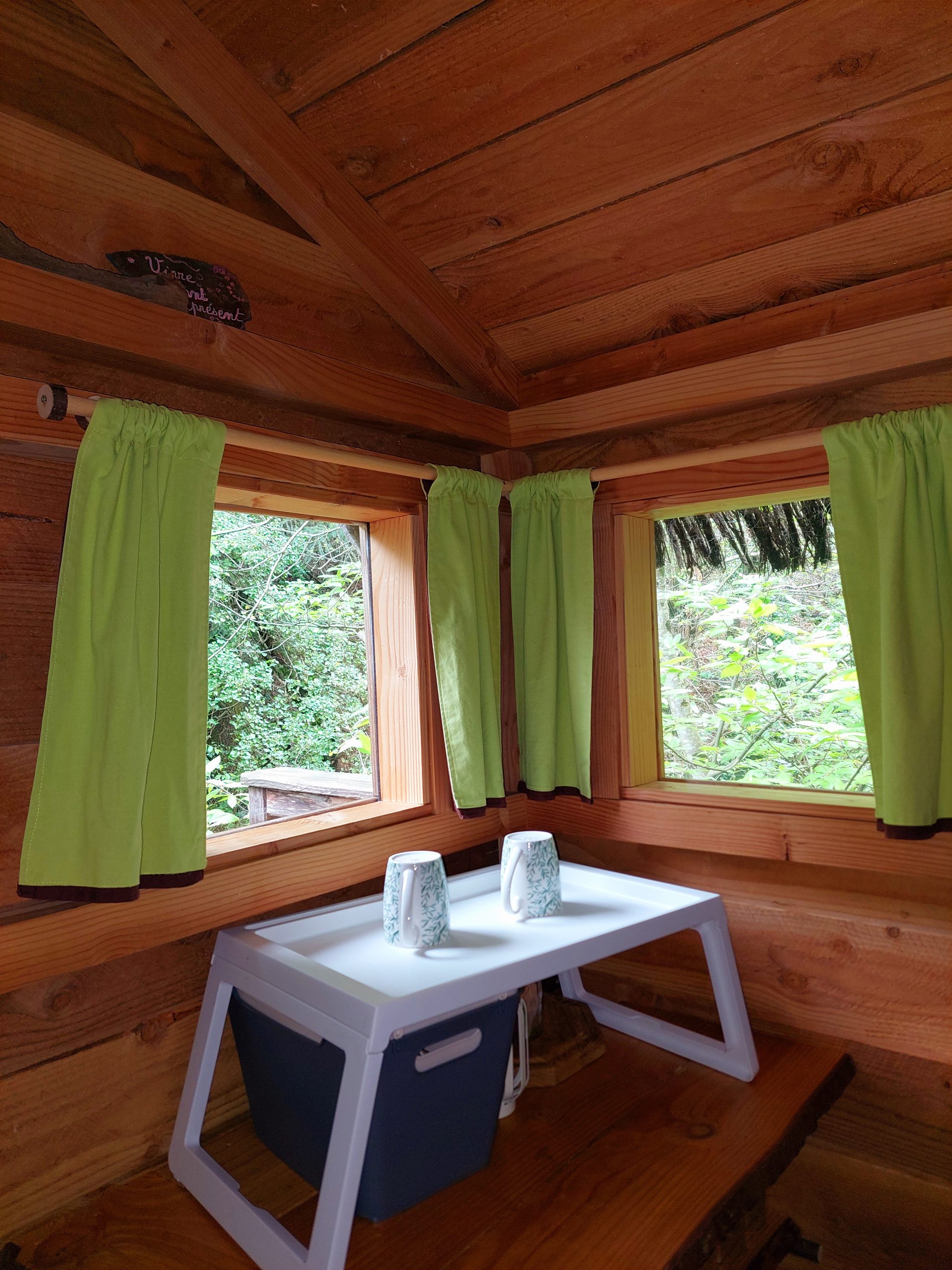 20240502_111027 Cabane en bois dans le Languedoc-Roussillon, avec fenêtres et rideaux verts.