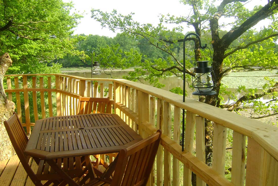 -les-roseaux-3 Cabane perchée avec terrasse en bois, vue sur un lac entouré darbres verdoyants.