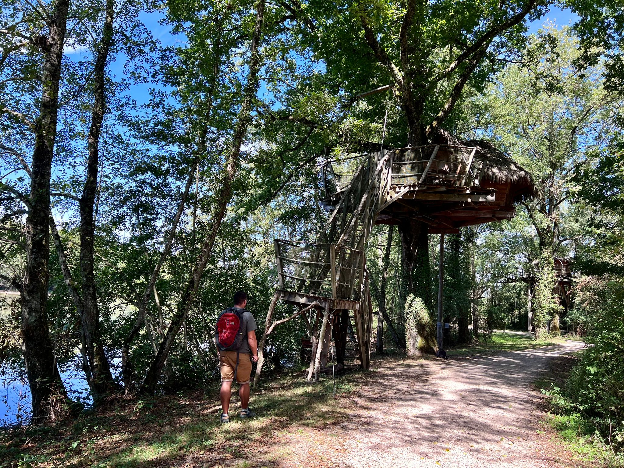 2c6464ea-eab8-4cea-a62f-ce6679deb5ea Cabane perchée dans les arbres, entourée de verdure près dun lac en Auvergne-Rhône-Alpes.