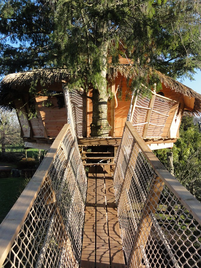 CABANE-AR-MAEN-du-Domaine-du-Jardin-de-pierre Cabane perchée en Bretagne, accessible par un pont en bois, entourée darbres verdoyants.