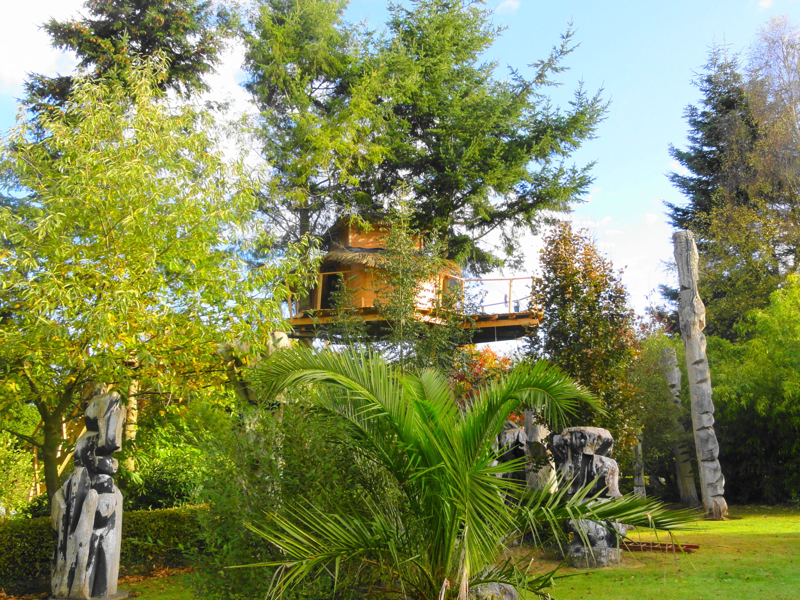 DSC01333-2-scaled Cabane dans les arbres en Bretagne, entourée de sculptures et de verdure luxuriante.