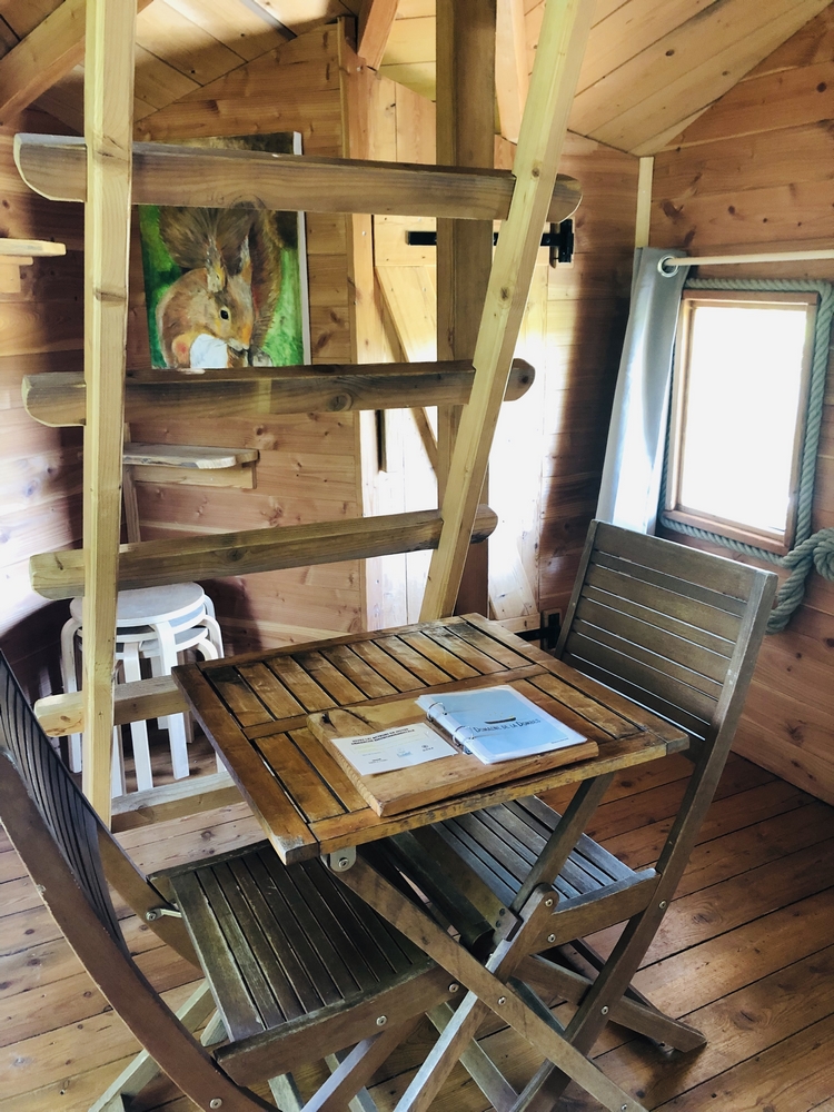 Ecureuils00 Cabane en bois avec échelle, table en bois et décoration chaleureuse.
