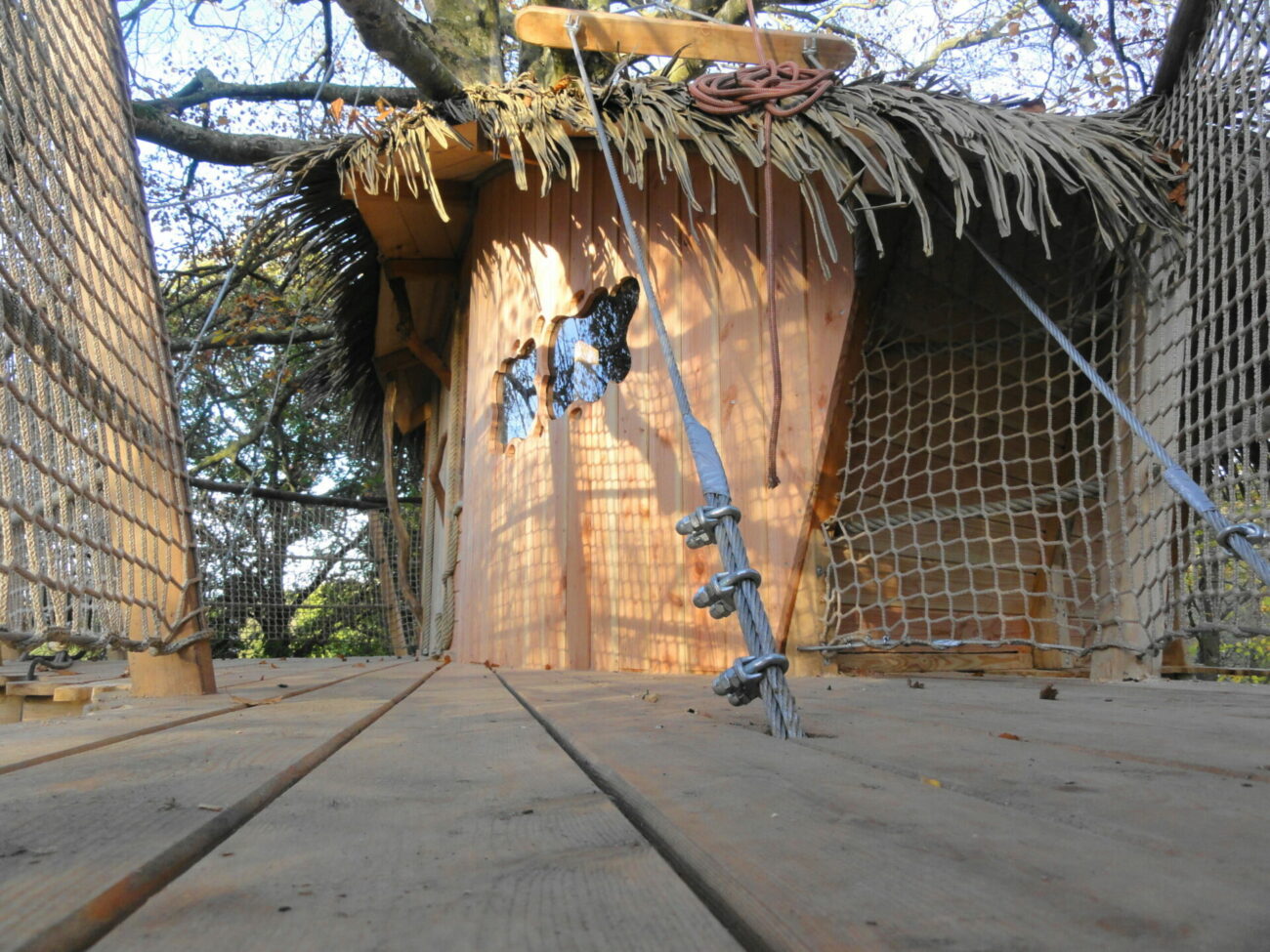 Gunnera7 Cabane dans les arbres en Bretagne, avec un toit en chaume et des fenêtres découpées.