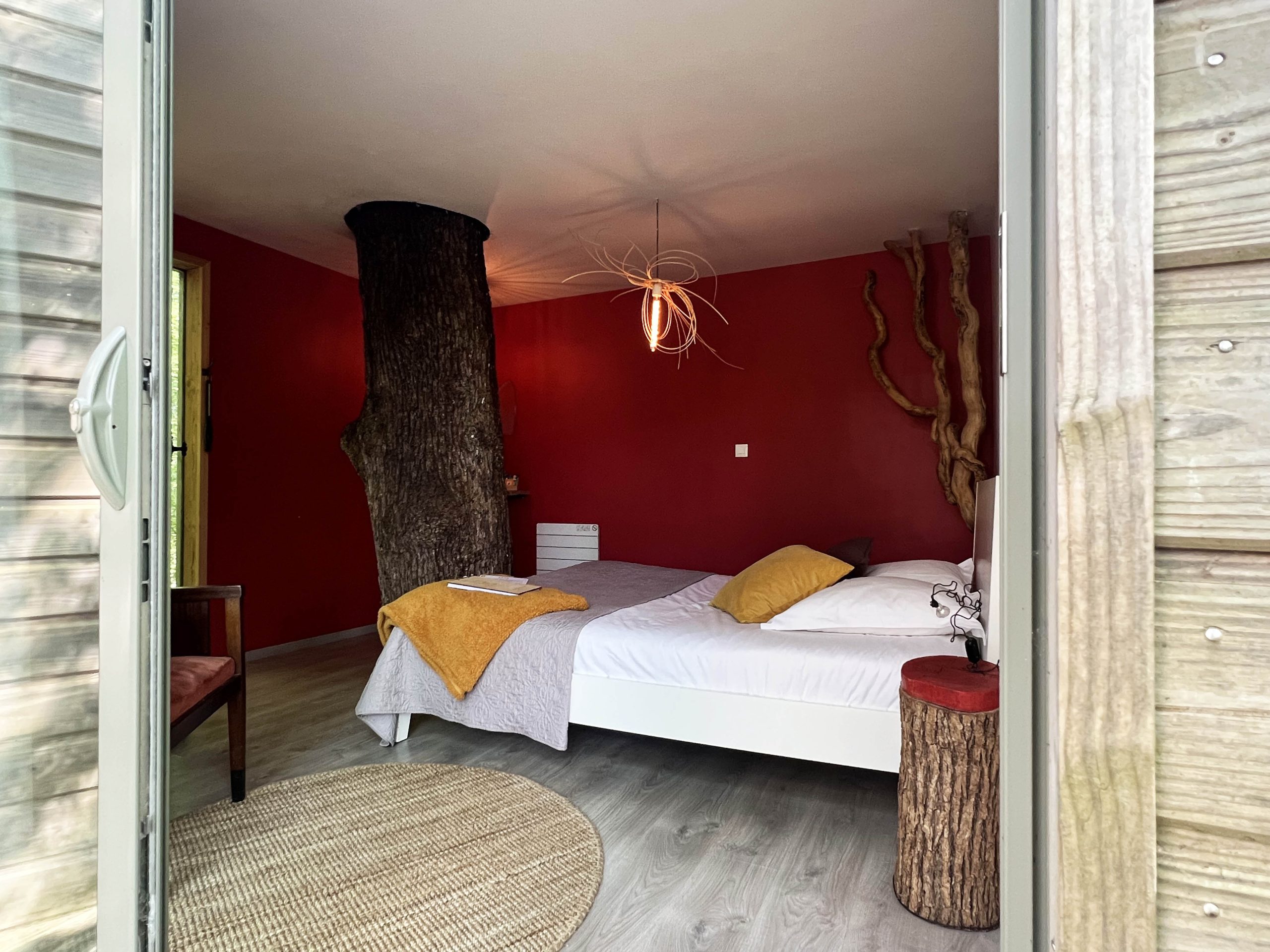 Eau8 Hébergement insolite en Bourgogne : chambre avec un tronc darbre et décor chaleureux.