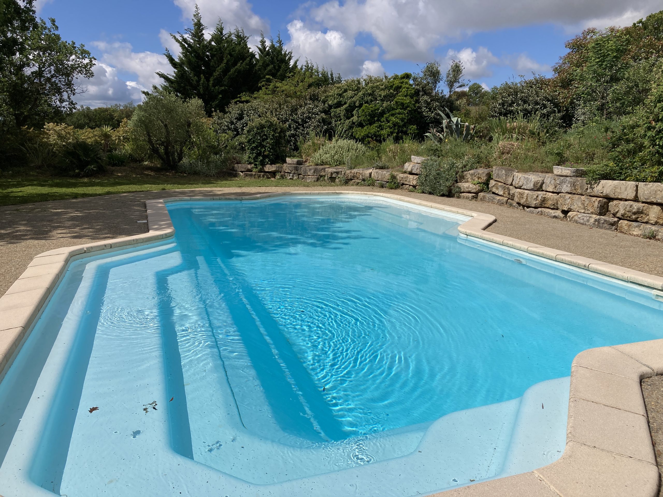 IMG_4034 Hébergement insolite en Languedoc-Roussillon avec piscine turquoise et verdure environnante.