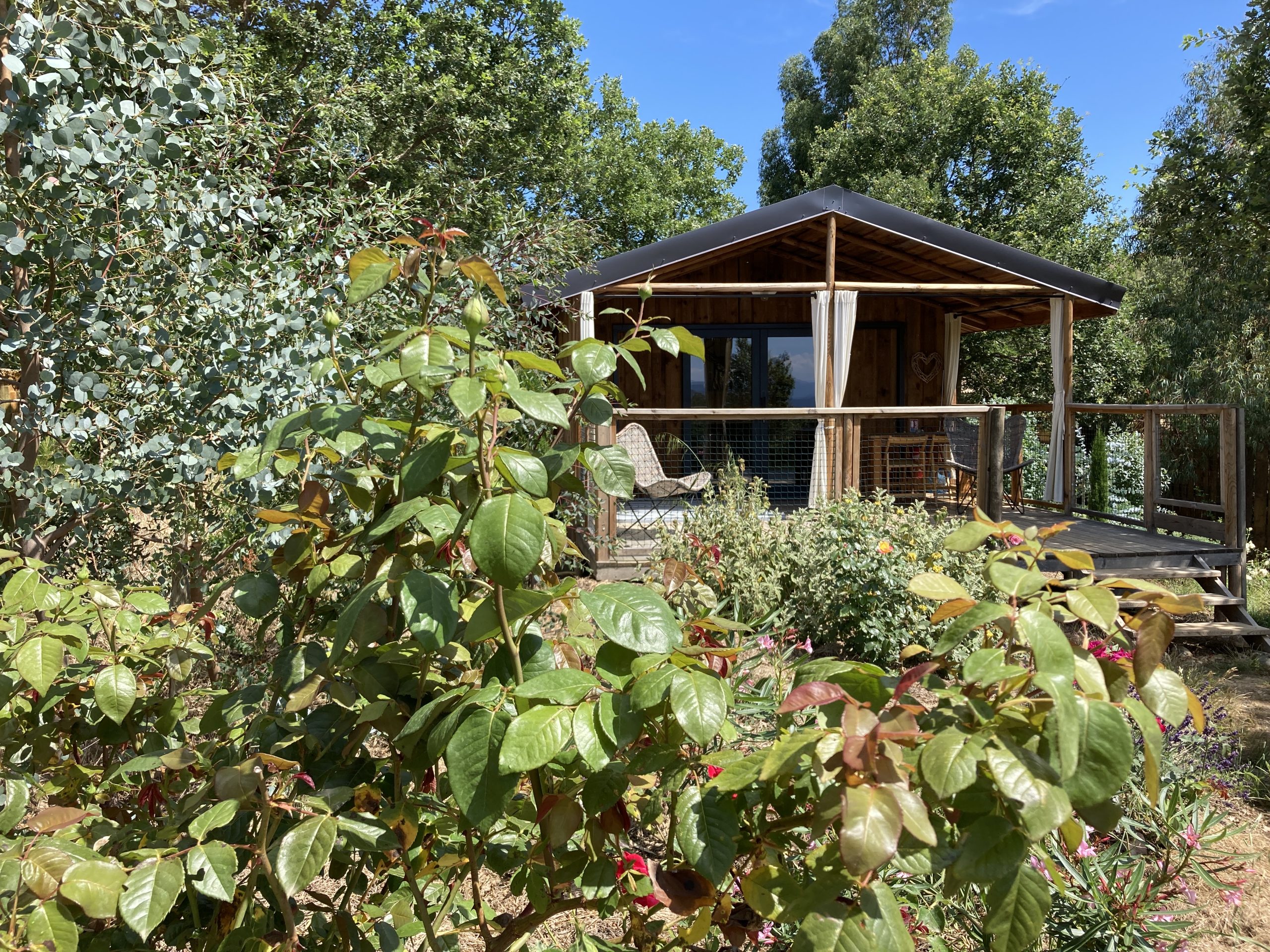 IMG_4434 Cabane en bois dans la nature, entourée de verdure et dun joli jardin fleuri.
