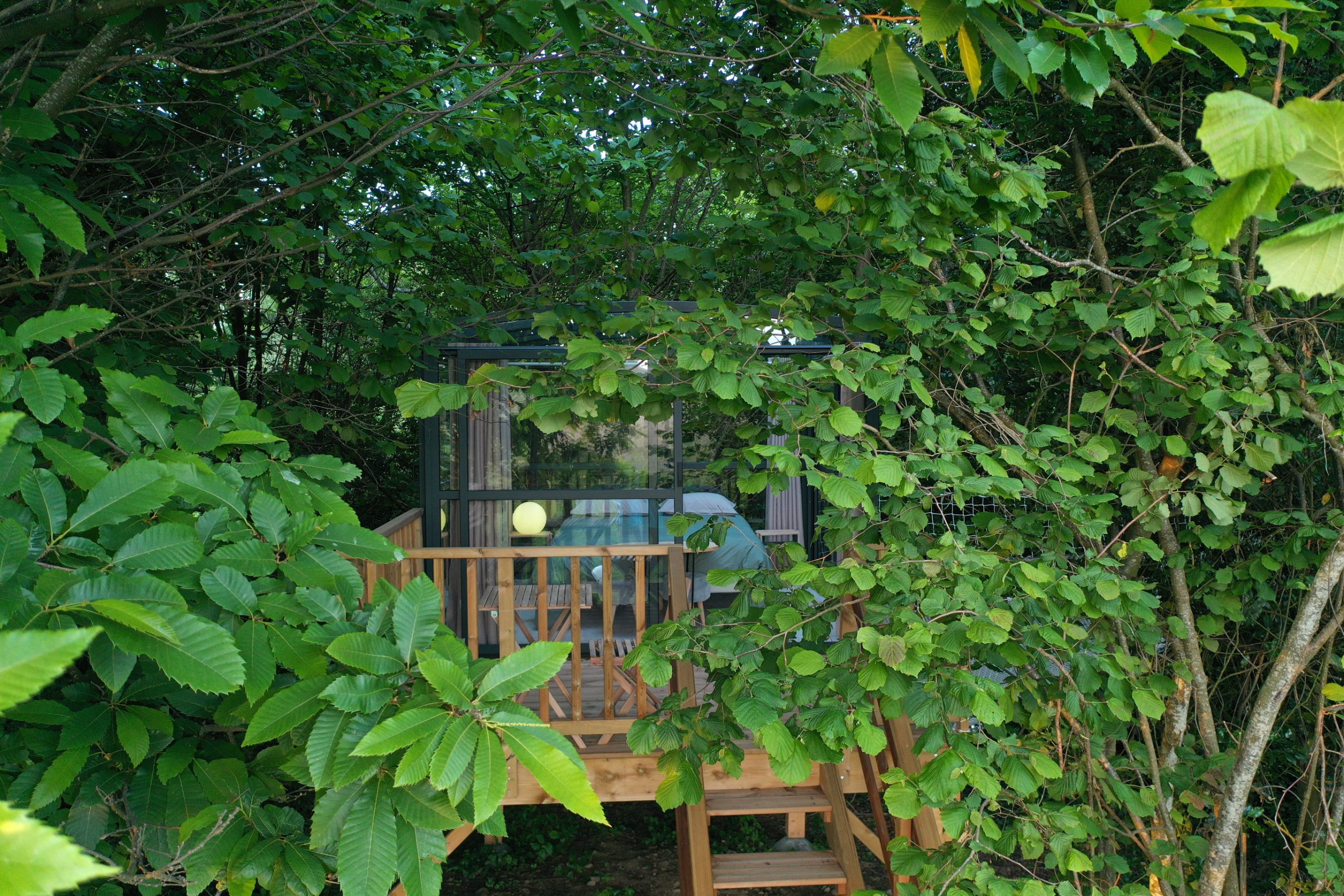 ©J.Estrade-Spirubulle-003 Cabane perchée en bois, nichée dans la verdure, avec une terrasse accueillante.