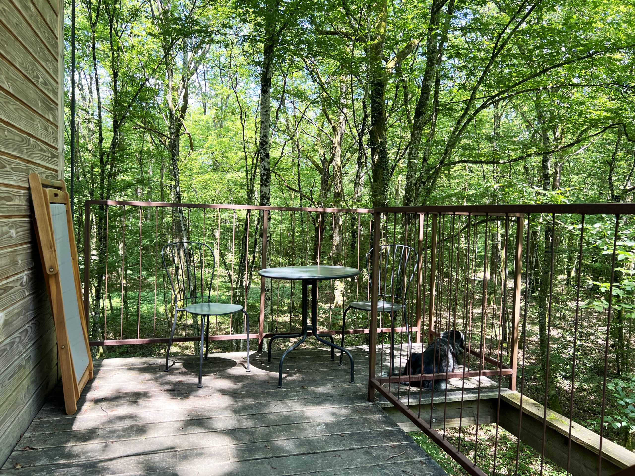 Etoiles4 Cabane perchée en Bourgogne avec terrasse en bois entourée de verdure.