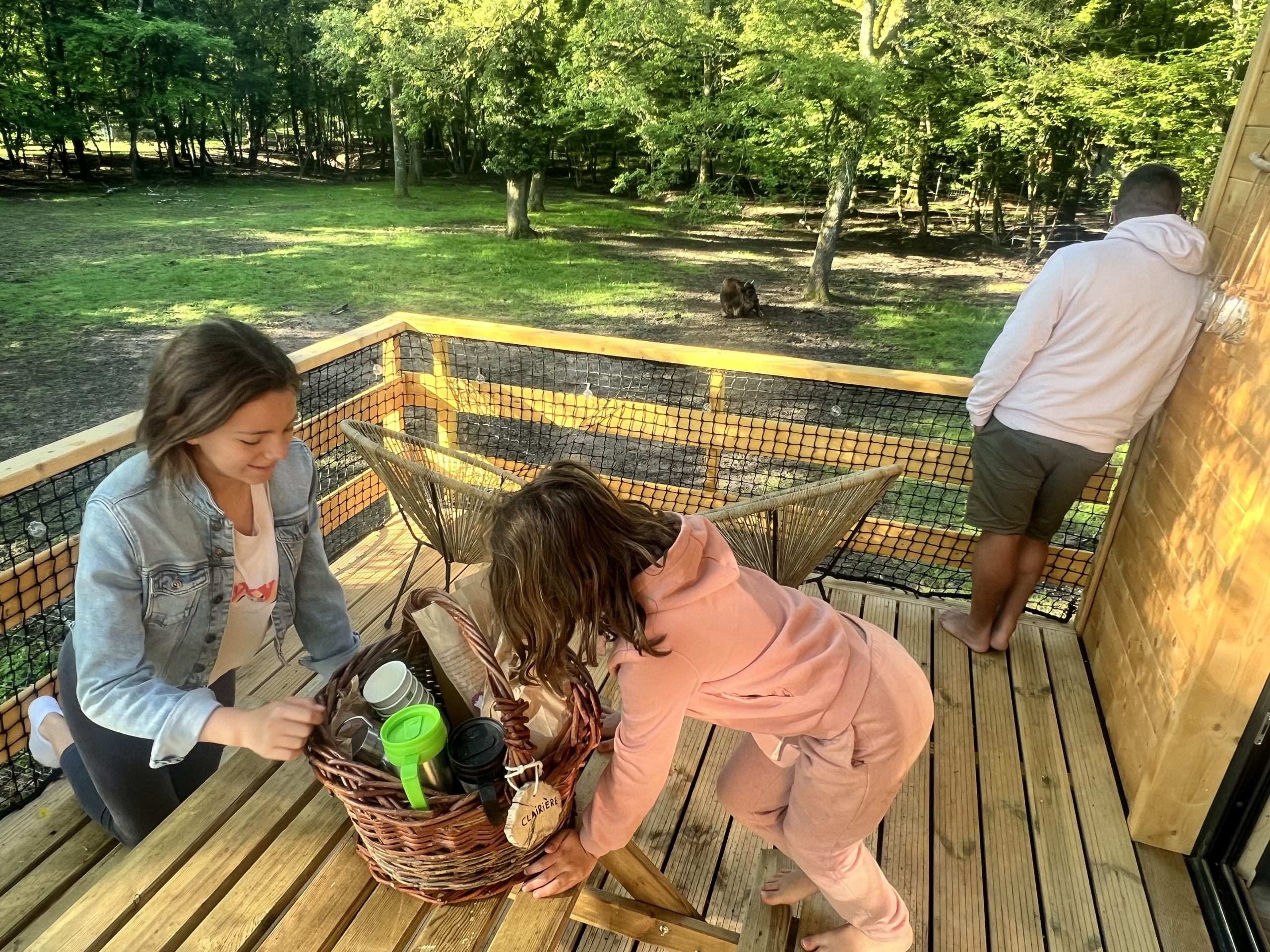 Clairière pdj Hébergement insolite en cabane, terrasse en bois avec vue sur la nature verdoyante.