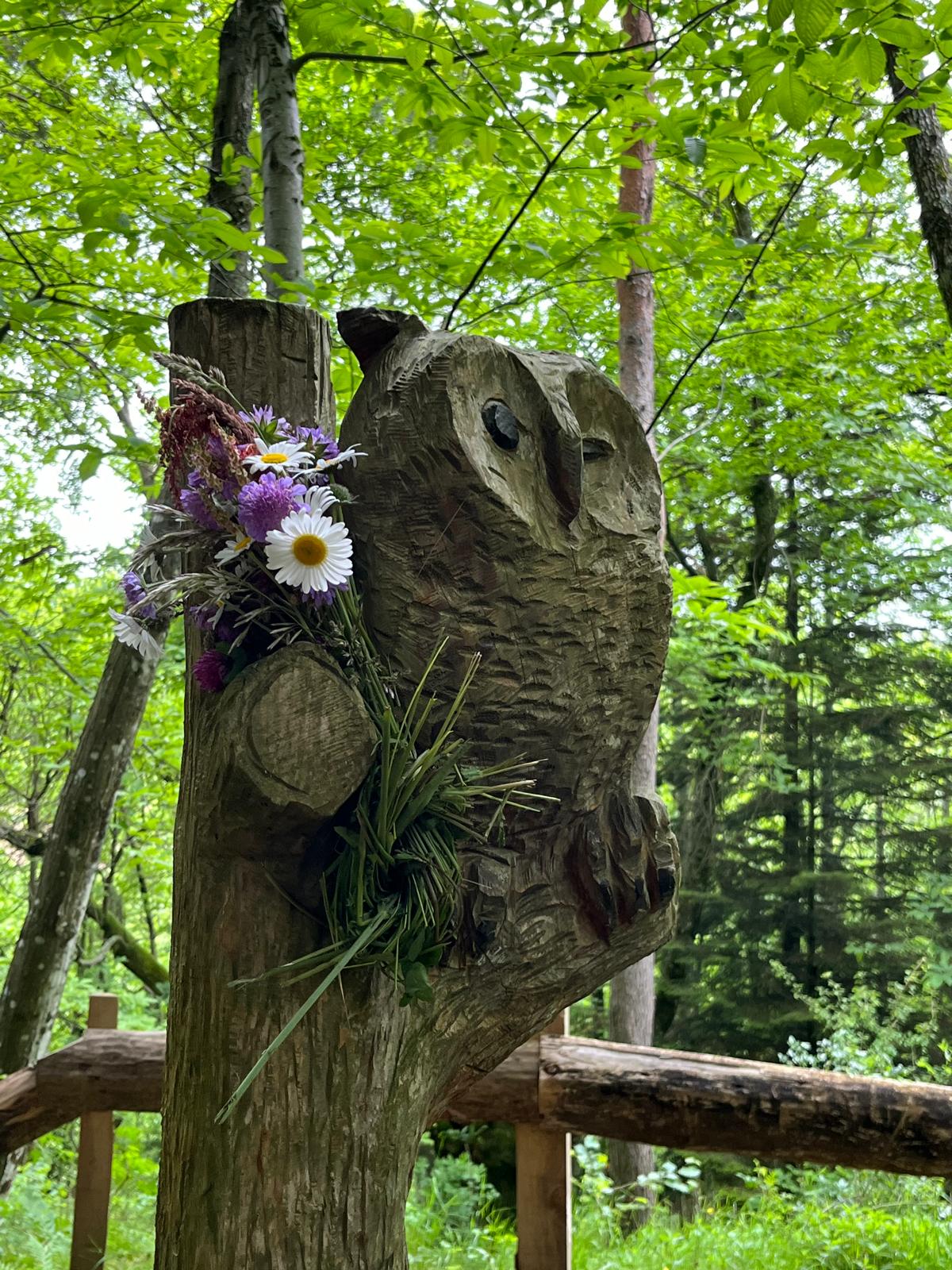 IMG-20240612-WA0013 Hébergement insolite en Auvergne-Rhône-Alpes, avec une sculpture de hibou ornée de fleurs.