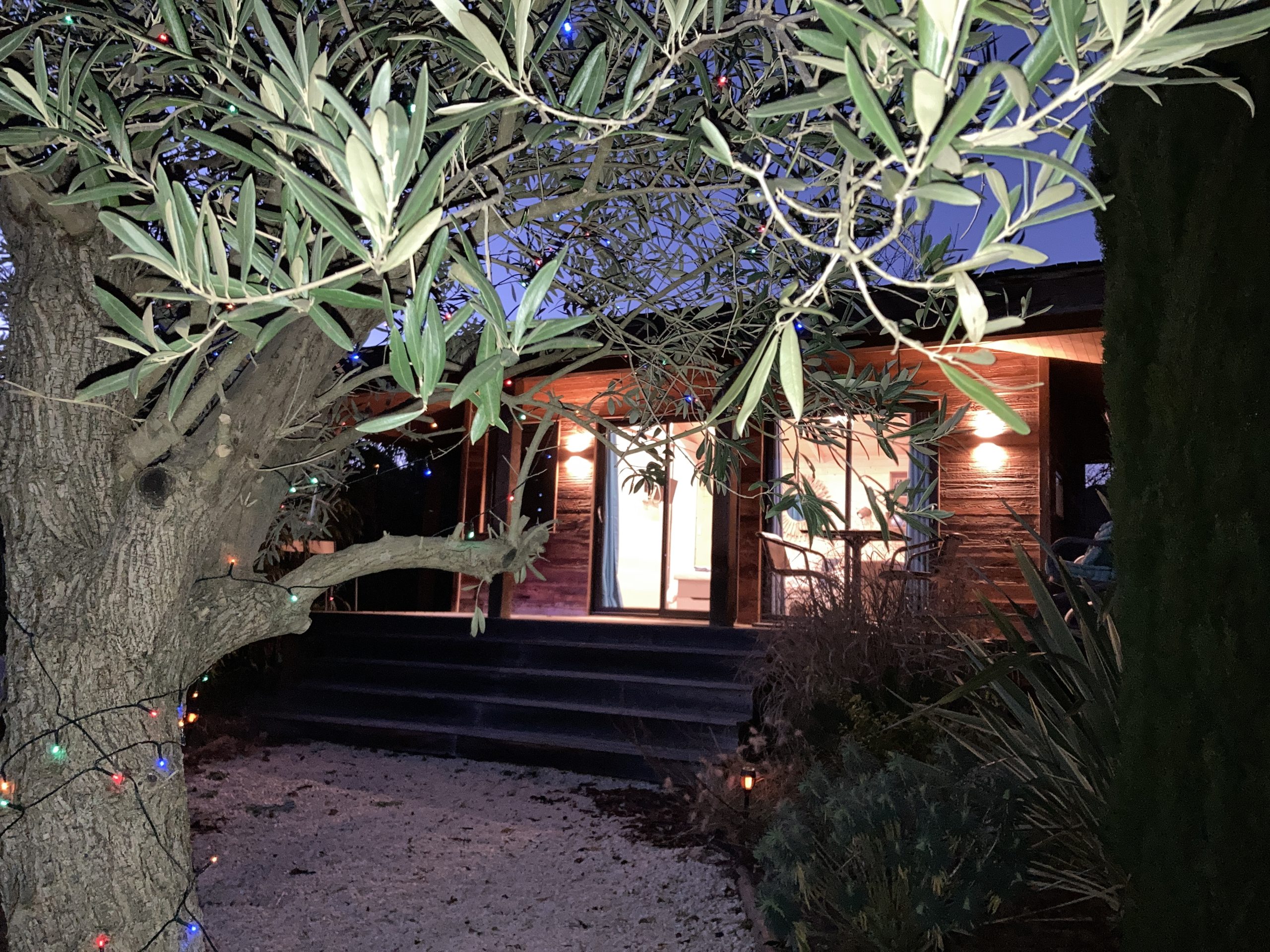 IMG_5361 Cabane en bois au Languedoc-Roussillon, illuminée par des guirlandes.