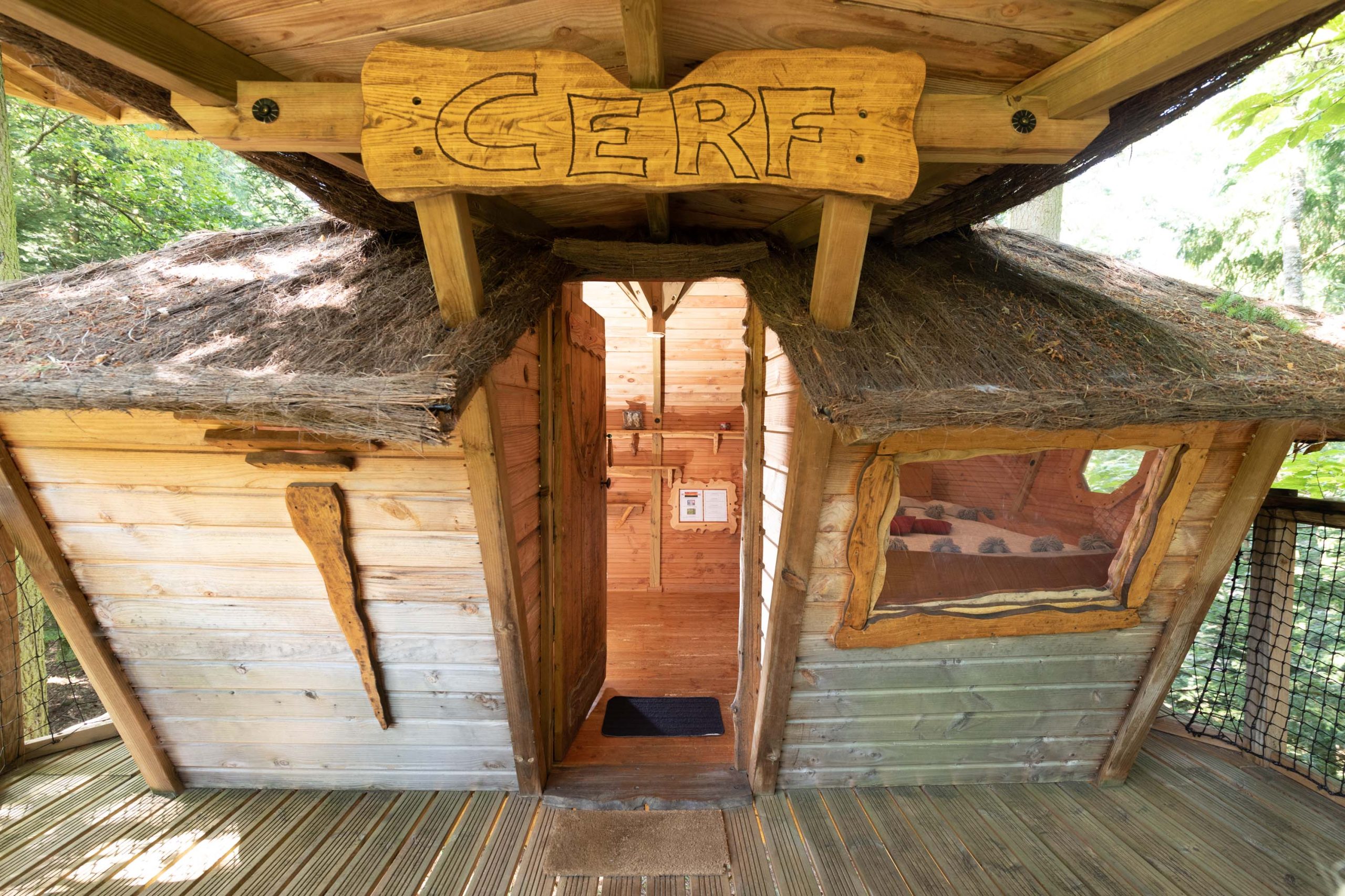 version-internet-24 cerf Cabane dans les arbres en Auvergne-Rhône-Alpes, avec un toit en chaume et une entrée accueillante.