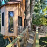 Cabane dans les arbres en bois, perchée sur un tronc, avec une terrasse en bois.