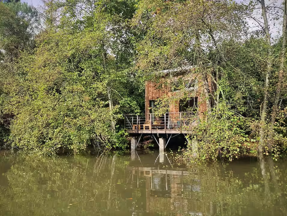 cover Cabane en bois sur pilotis, entourée de verdure au bord de leau en Nouvelle-Aquitaine.