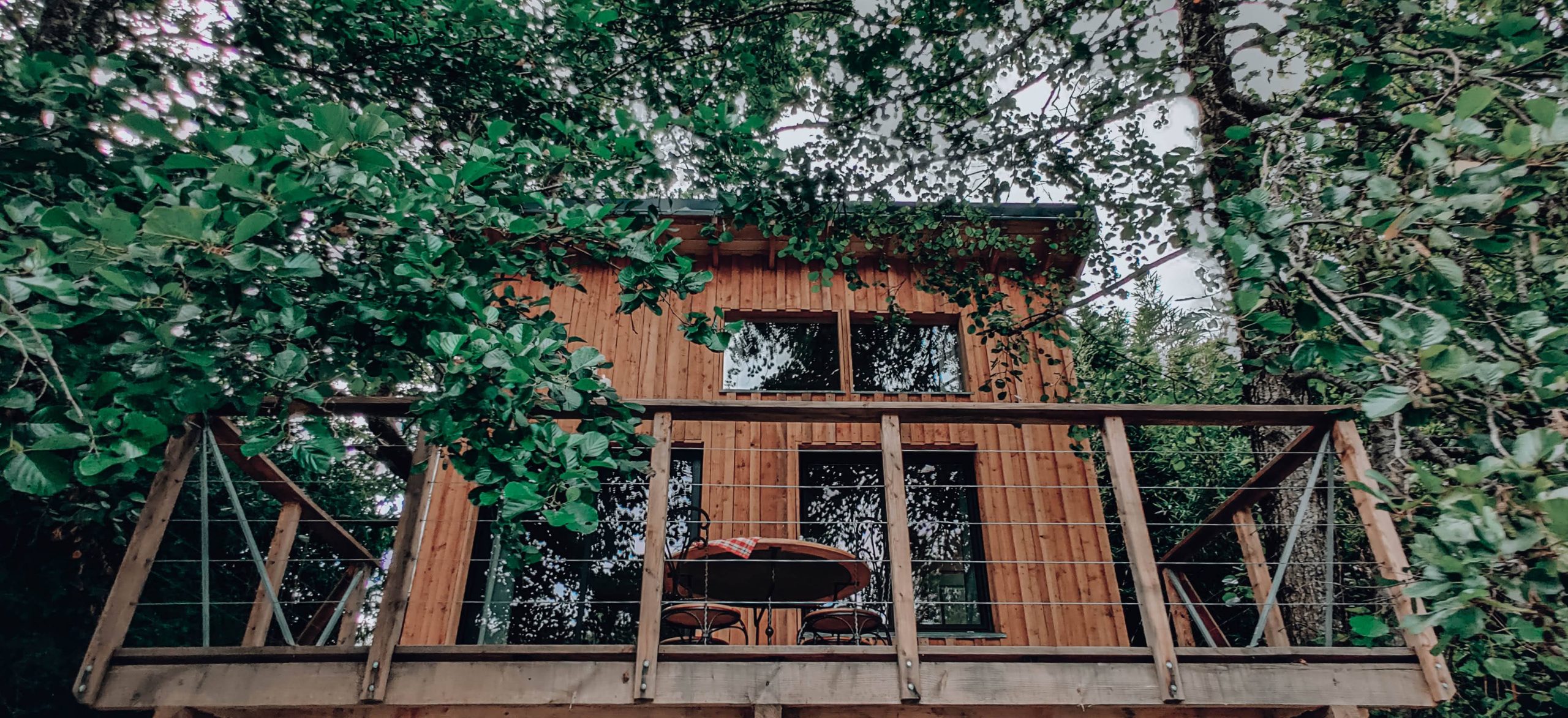 facade Cabane en bois perchée, entourée de verdure, avec une terrasse accueillante.