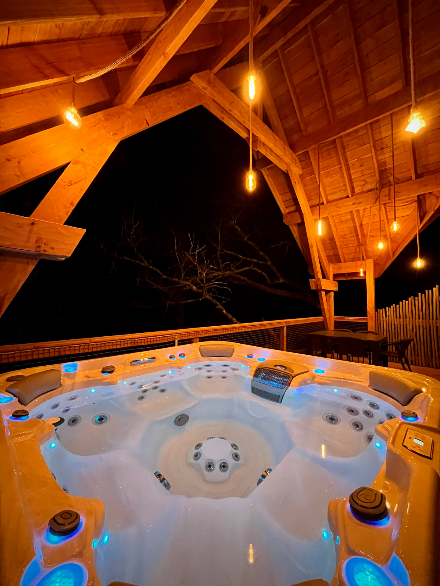 Cabane dans les arbres jacuzzi toulouse copines Hébergement insolite en Midi-Pyrénées avec jacuzzi lumineux sous une belle charpente en bois.