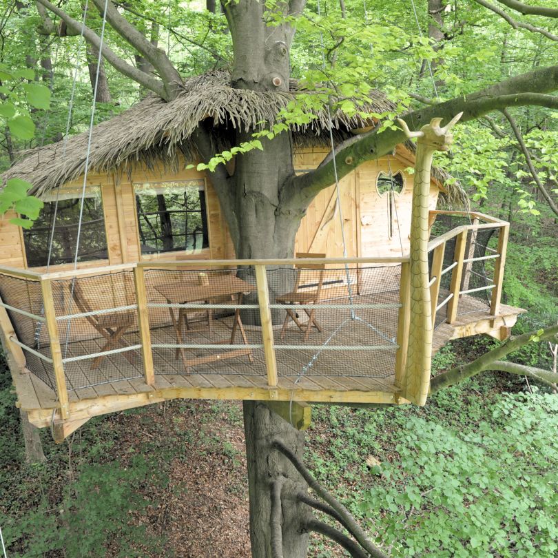 Drakkar Cabane dans les arbres en bois, avec terrasse suspendue et vue sur la forêt verdoyante.
