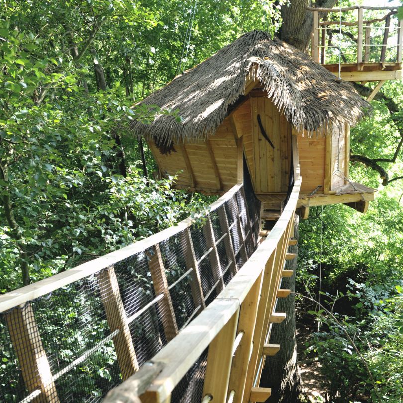 La baron perché Cabane dans les arbres avec toit de chaume, accessible par une passerelle en bois.