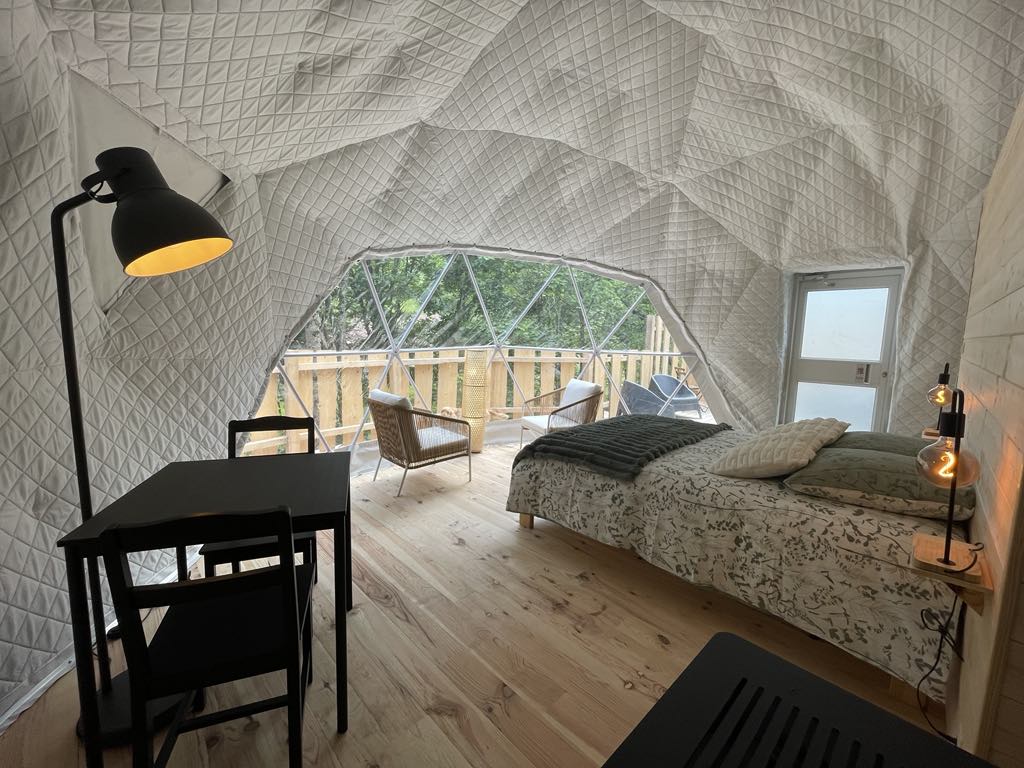 afdf6e96-6f1d-409b-8e07-367ec042253e Dôme géodésique lumineux avec lit douillet et vue sur la nature, ambiance moderne et chaleureuse.