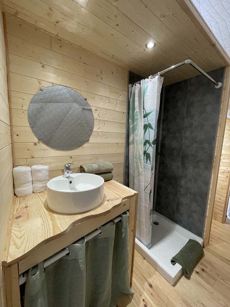 b0f7714d-b808-4782-b707-62c819888475 Salle de bain en bois dans un hébergement insolite, avec douche moderne et décor naturel.