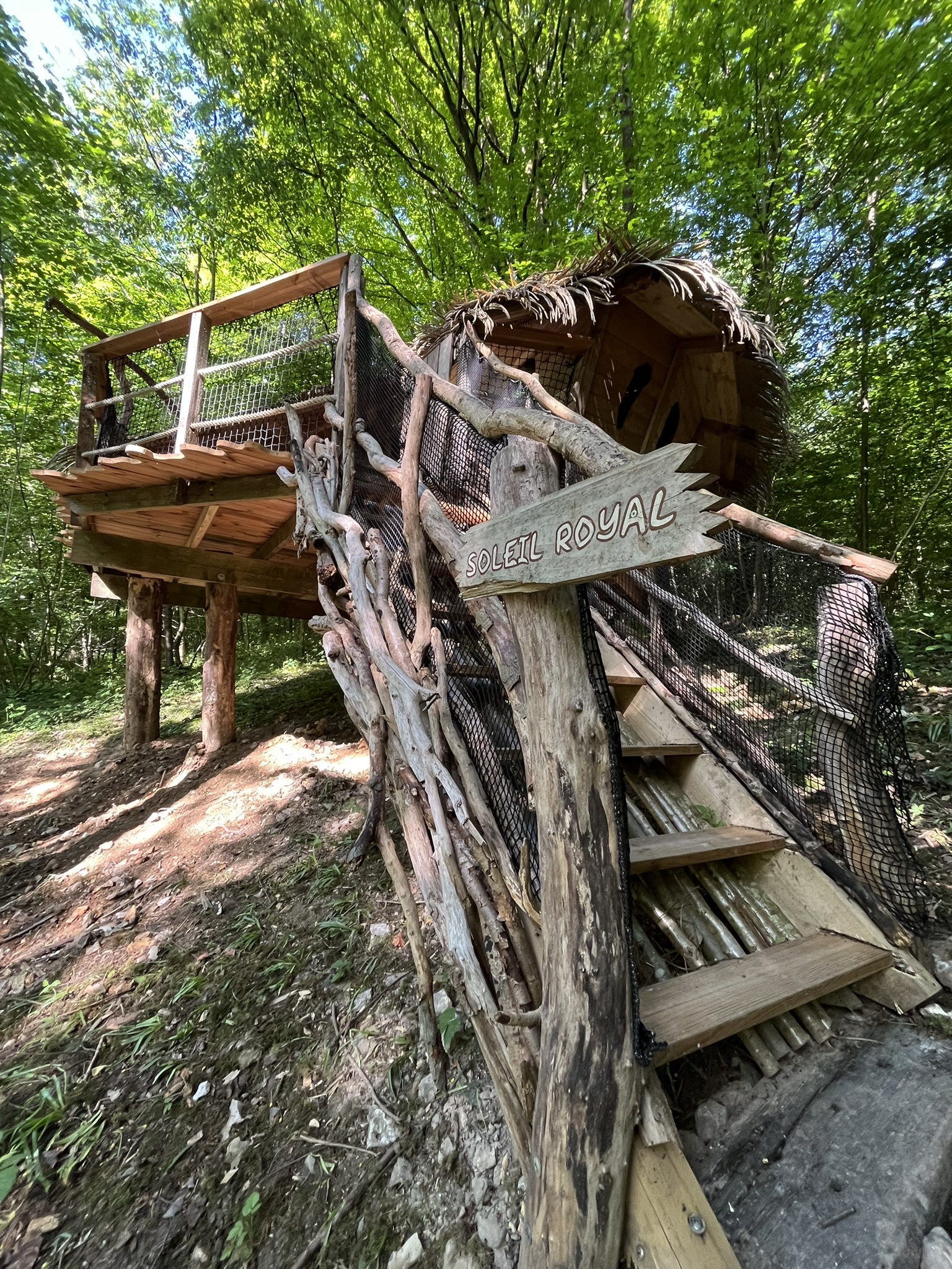 IMG_0203 Cabane perchée dans les arbres, avec un accès en bois et une ambiance naturelle.
