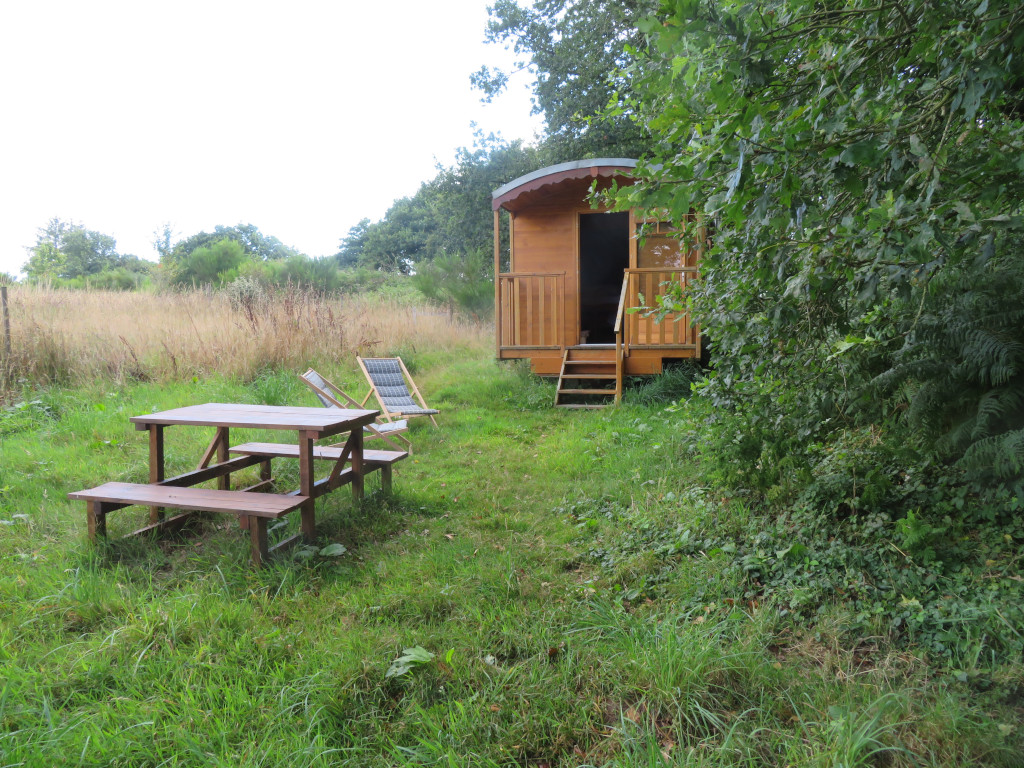 IMG_7673 Roulotte en bois entourée de verdure, avec table de pique-nique et chaises longues.