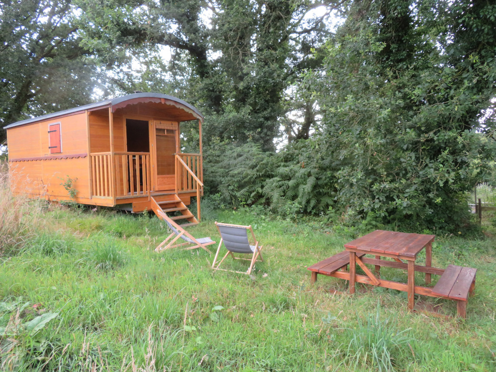 IMG_7675 Charmante roulotte en bois, entourée de verdure, avec une terrasse et un coin repas en plein air.