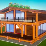 Cabane en bois avec un toit végétal, grandes baies vitrées et terrasse en bois.