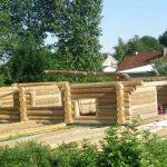 Cabane en rondins en construction, entourée de verdure et de bois, offrant un cadre naturel.