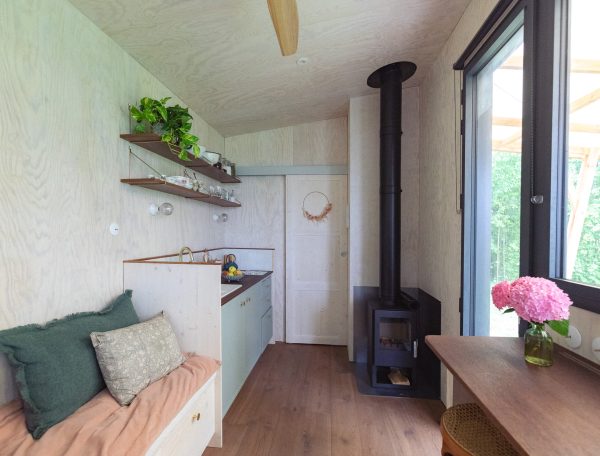 Cabane moderne avec poêle à bois et plantes, offrant un intérieur chaleureux et accueillant.