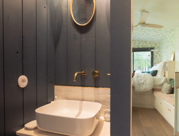 Salle de bain moderne dans un hébergement touristique, avec un lavabo élégant et des murs en bois.