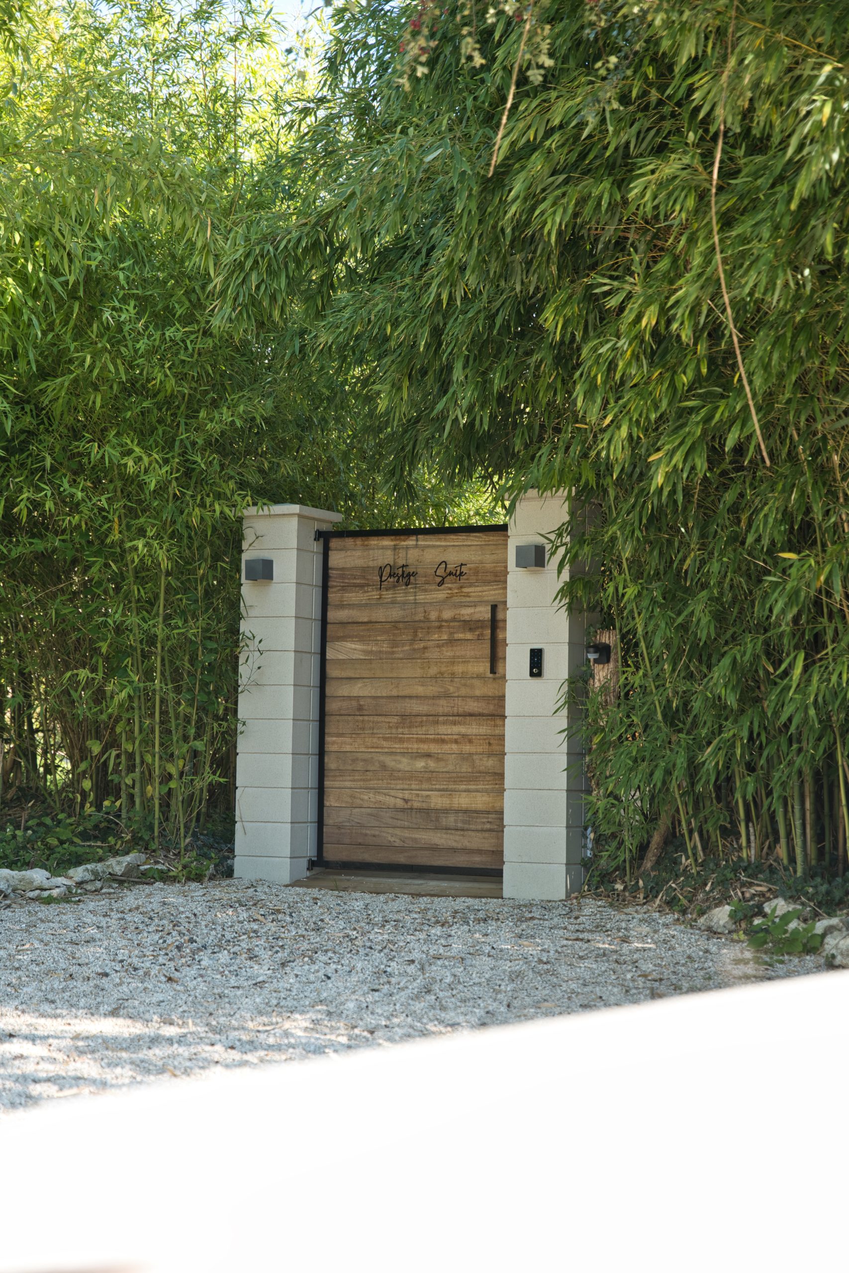 Entrée dune villa moderne entourée de bambous luxuriants et dun chemin en gravier.