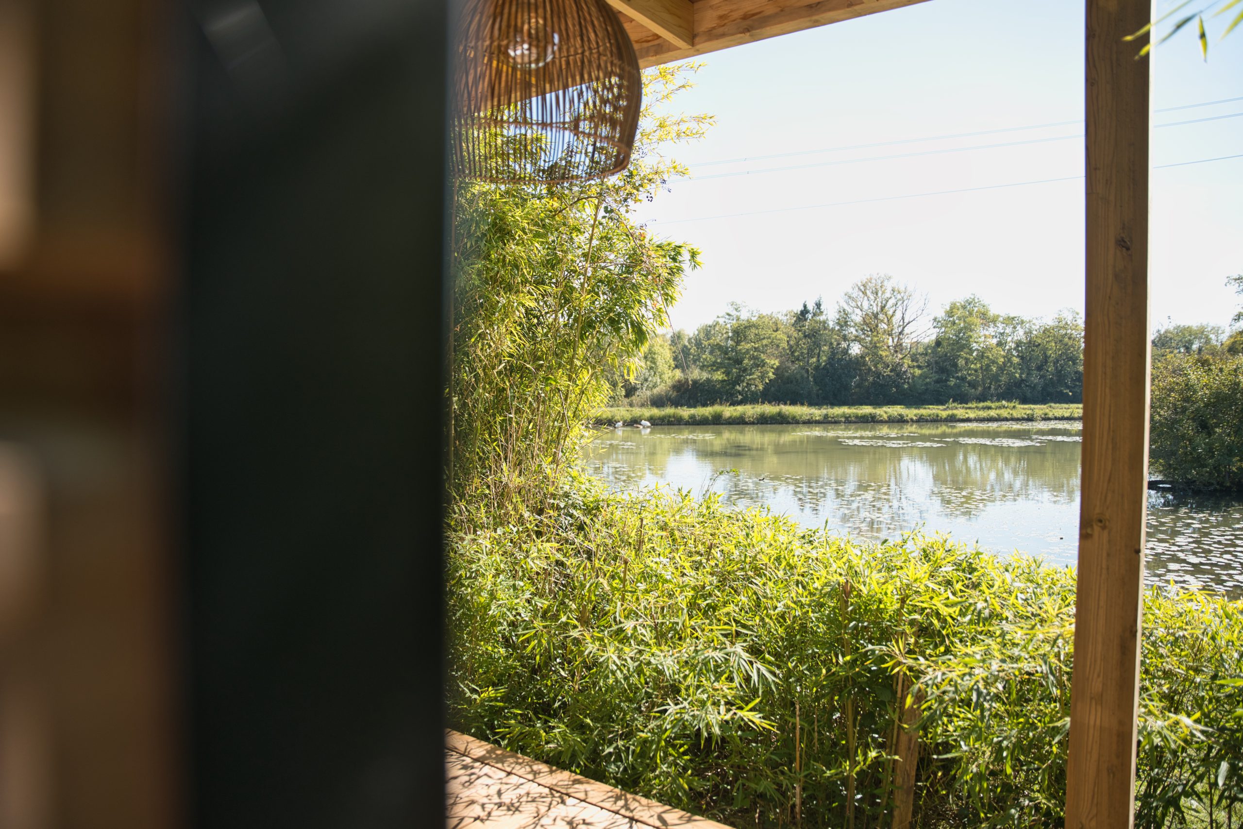 Cabane sur pilotis avec vue sur un étang entouré de verdure luxuriante.