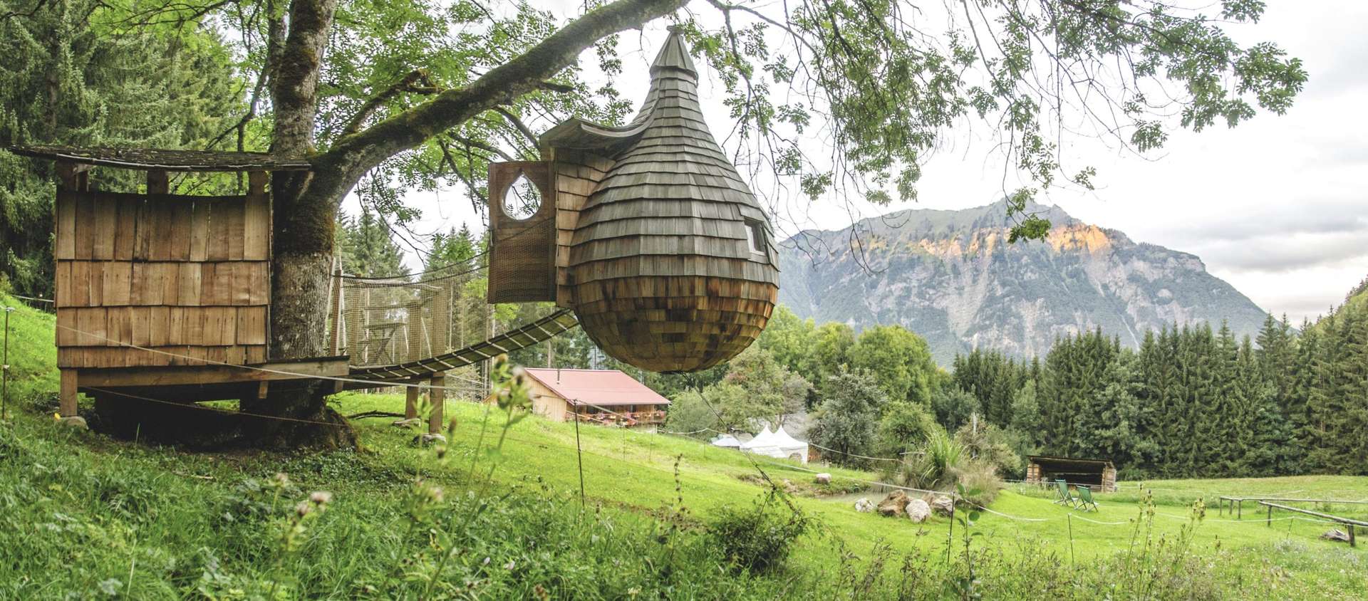 Cabane dans les arbres avec vue sur les montagnes et la nature environnante.